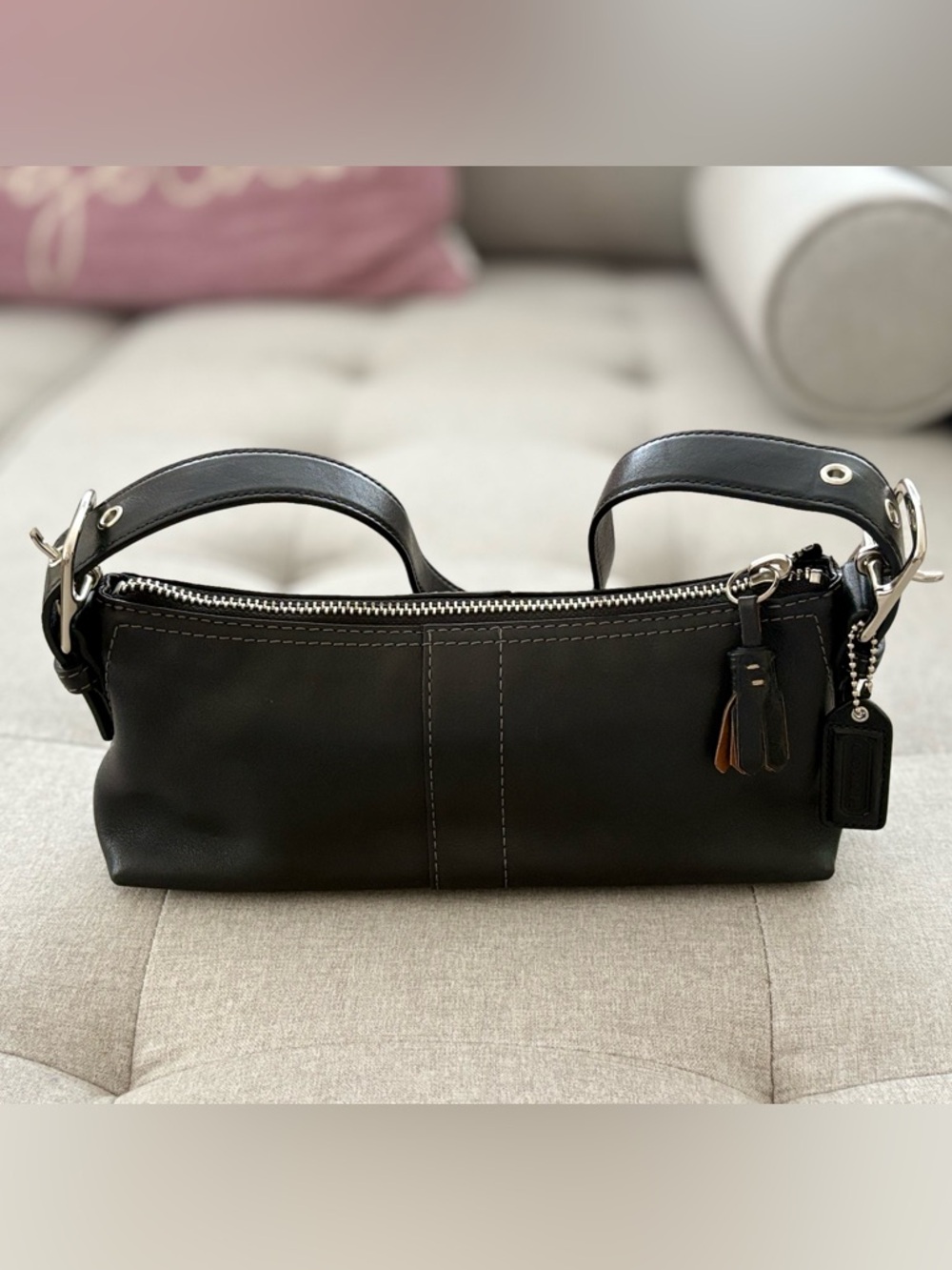 Coach Black Leather Shoulder Bag with Tassel Zip Pull -small